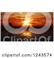 Silhouetted Palm Tree And 3d Orange Ocean Sunset