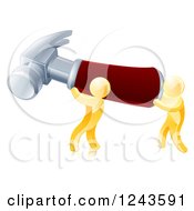 Clipart Of Two 3d Gold Men Carrying A Giant Hammer Royalty Free Vector Illustration