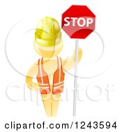3d Gold Man Construction Worker Holding A Stop Sign