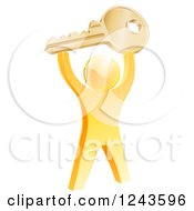 Clipart Of A 3d Successful Gold Man Holding Up A House Key Royalty Free Vector Illustration by AtStockIllustration