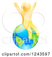 3d Happy Gold Man Sitting And Cheering On Planet Earth