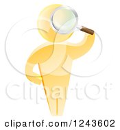 Clipart Of A 3d Gold Man Looking Up Through A Magnifying Glass Royalty Free Vector Illustration