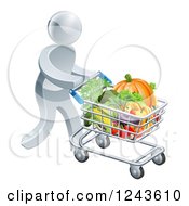 3d Silver Man Pushing A Shopping Cart Full Of Produce