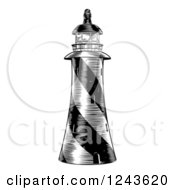 Clipart Of A Black And White Engraved Striped Lighthouse Royalty Free Vector Illustration by AtStockIllustration