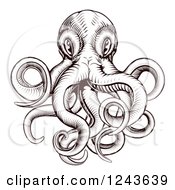 Clipart Of A Brown Woodblock Octopus Royalty Free Vector Illustration