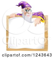 Clipart Of A Senior Wizard Pointing Down To A Posted Notice Sign On Wood Royalty Free Vector Illustration