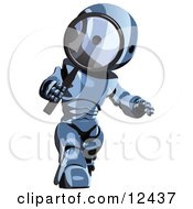 Blue Metal Robot Getting A Closer Look Through A Magnifying Glass Clipart Illustration