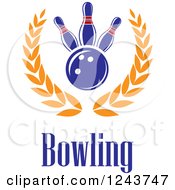 Poster, Art Print Of Blue Bowling Text Under A Ball Pins And Wreath