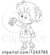 Clipart Of A Black And White School Girl Ringing A Bell Royalty Free Vector Illustration