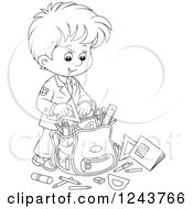 Poster, Art Print Of Black And White School Boy Packing Supplies In A Bag