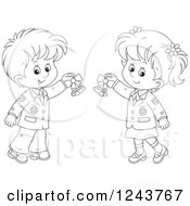 Clipart Of A Black And White School Boy And Girl Ringing Bells Royalty Free Vector Illustration by Alex Bannykh