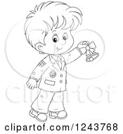 Clipart Of A Black And White School Boy Ringing A Bell Royalty Free Vector Illustration