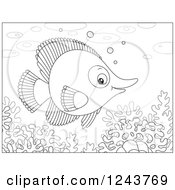 Clipart Of A Black And White Marine Fish Over Corals Royalty Free Vector Illustration