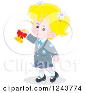 Clipart Of A Blond Caucasian School Girl Ringing A Bell Royalty Free Vector Illustration by Alex Bannykh