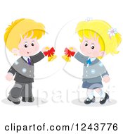 Clipart Of A Blond Caucasian School Boy And Girl Ringing Bells Royalty Free Vector Illustration by Alex Bannykh