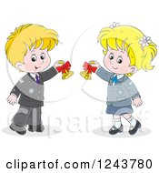 Clipart Of A Blond School Boy And Girl Ringing Bells Royalty Free Vector Illustration by Alex Bannykh