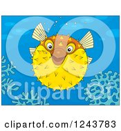 Clipart Of A Happy Puffer Fish Over Corals Royalty Free Vector Illustration