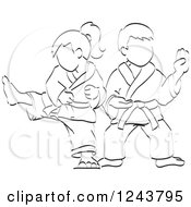 Poster, Art Print Of Black And White Sketched Boy And Girl Doing Karate Moves