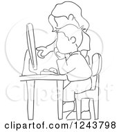 Clipart Of A Black And White Sketched Female Teacher And School Boy In A Computer Lab Royalty Free Vector Illustration