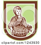 Poster, Art Print Of Retro Woodcut Female Farmer Holding A Basket Of Produce In A Shield