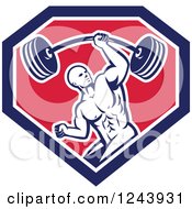 Clipart Of A Retro Strong Bodybuilder Man Lifting A Barbell With One Hand In A Shield Royalty Free Vector Illustration