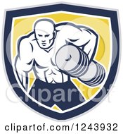 Poster, Art Print Of Retro Buff Bodybuilder Lifting Heavy Weights Over A Shield
