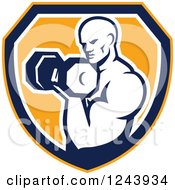 Poster, Art Print Of Retro Male Bodybuilder Doing Bicep Curls With A Dumbbell Over A Shield