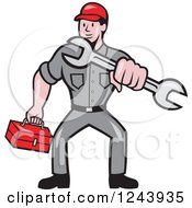 Poster, Art Print Of Cartoon Auto Mechanic Holding A Tool Box And Wrench