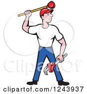 Poster, Art Print Of Cartoon Male Plumber Standing With A Plunger And Monkey Wrench