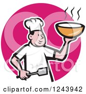 Cartoon Male Chef Holding Hot Soup Over A Pink Circle