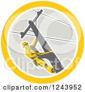 Clipart Of A Retro Male Power Lineman Scaling A Pole In A Circle Royalty Free Vector Illustration