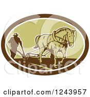Retro Farmer And Horse Plowing A Field In An Oval