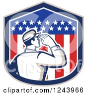 Retro Male Soldier Saluting In An American Flag Shield