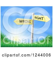 Clipart Of A Directional Wrong And Right Signs Over A Sunrise And Grassy Hill Royalty Free Vector Illustration