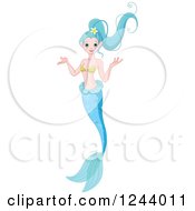 Poster, Art Print Of Shrugging Pretty Female Mermaid With Blue Hair And Fins