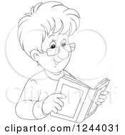Clipart Of A Black And White Happy Man Reading A Book Royalty Free Vector Illustration