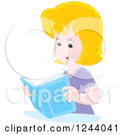 Clipart Of A Happy Blond Caucasian Woman Reading A Book Royalty Free Vector Illustration