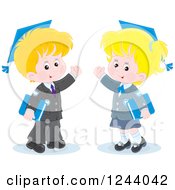 Poster, Art Print Of Blond Caucasian School Boy And Girl Wearing Graduation Caps And Waving
