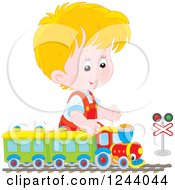 Poster, Art Print Of Blond Caucasian Boy Playing With A Train Set