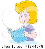 Clipart Of A Happy Blond Woman Reading A Book Royalty Free Vector Illustration by Alex Bannykh