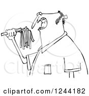 Clipart Of A Black And White Hungry Man Eating Spaghetti Royalty Free Vector Illustration