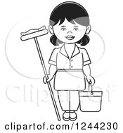 Poster, Art Print Of Black And White Female Maid With A Mop And Bucket