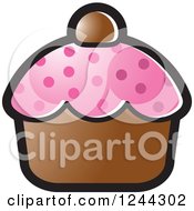 Clipart Of A Brown And Pink Polka Dot Cupcake Royalty Free Vector Illustration