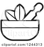 Clipart Of A Black And White Mortar And Pestle With Leaves Royalty Free Vector Illustration by Lal Perera