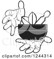 Clipart Of Black And White Hands Holding A Mortar And Pestle With Leaves Royalty Free Vector Illustration by Lal Perera