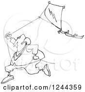 Clipart Of A Black And White Benjamin Franklin Running With A Kite Royalty Free Vector Illustration