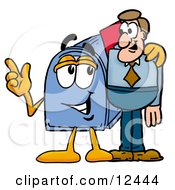 Clipart Picture Of A Blue Postal Mailbox Cartoon Character Talking To A Business Man