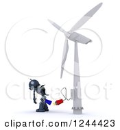 Clipart Of A 3d Blue Robot And Plug At A Wind Turbine Royalty Free Illustration