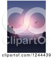 Poster, Art Print Of Birds Flying Over Forested Mountains And A Lake At Sunset