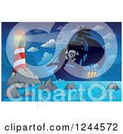 Poster, Art Print Of Pirate Ship At Night With A Shining Lighthouse
